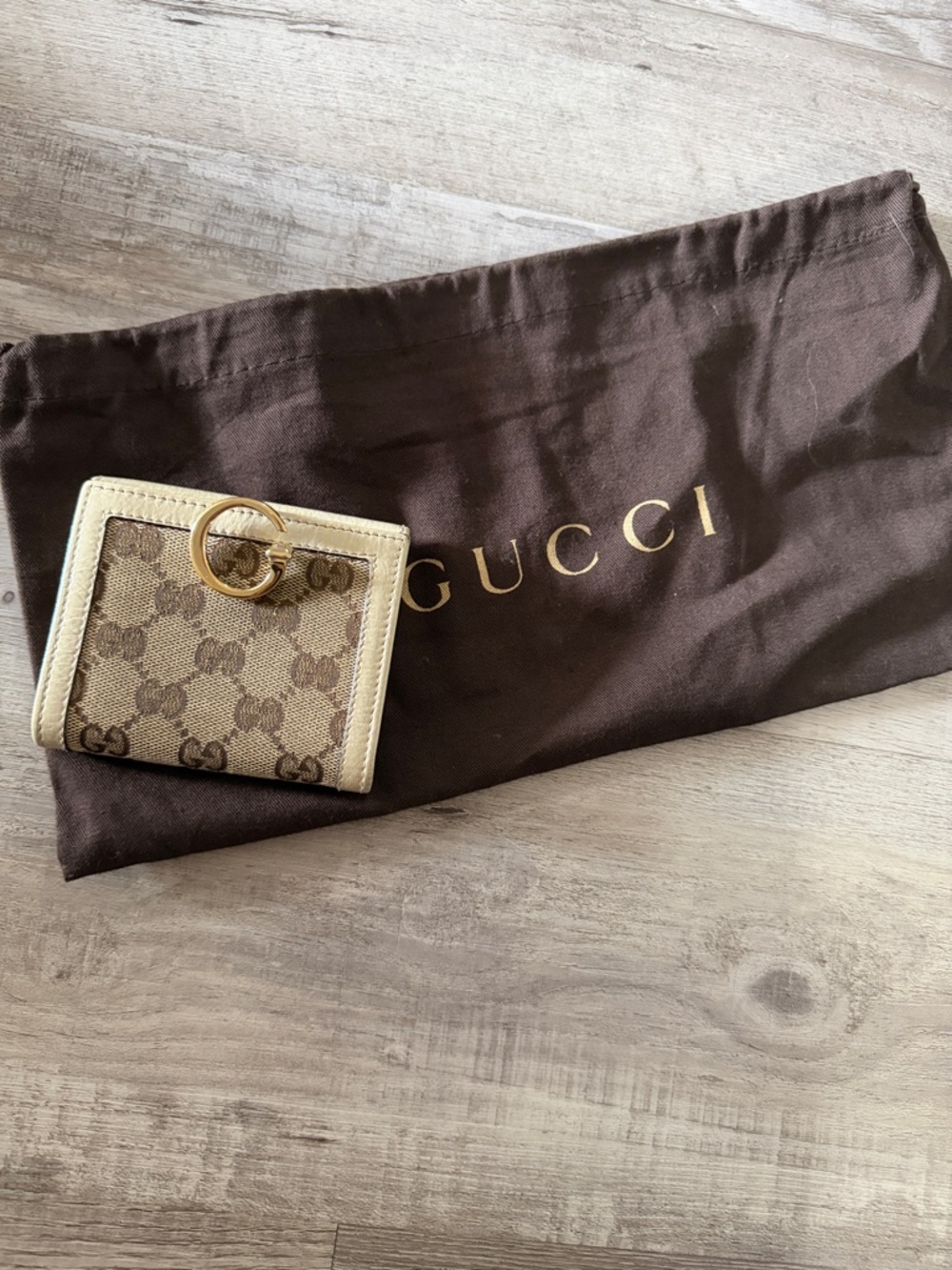 Gucci Beige/Tan GG Canvas Wallet with Gold Ring Accent